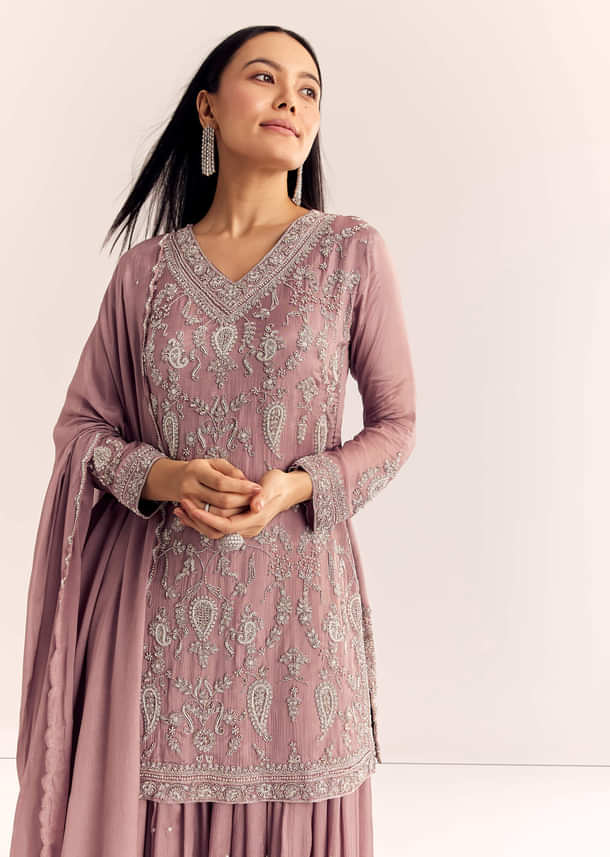 Mauve Pink Chinon Kurta Palazzo Set With Moti Work Mauve Pink Chinon Kurta Palazzo Set With Moti Work