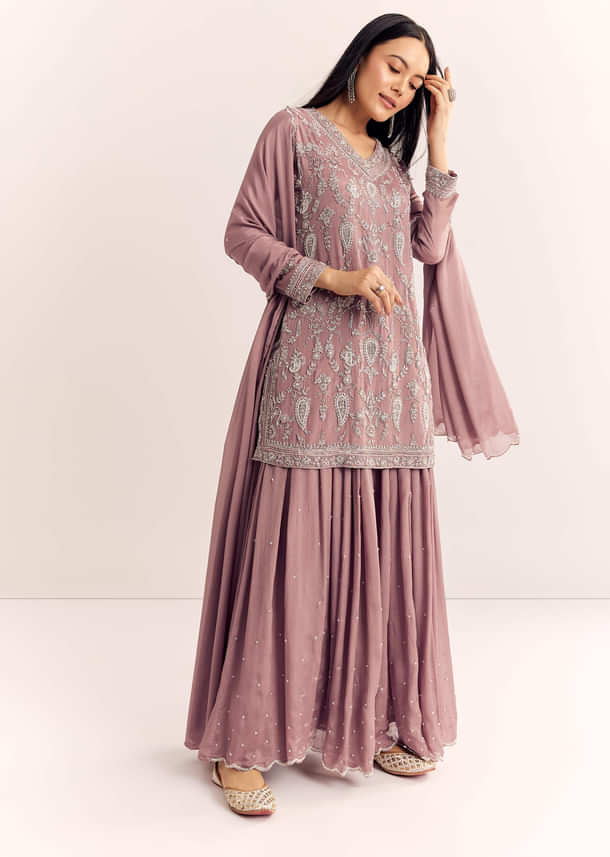 Mauve Pink Chinon Kurta Palazzo Set With Moti Work Mauve Pink Chinon Kurta Palazzo Set With Moti Work
