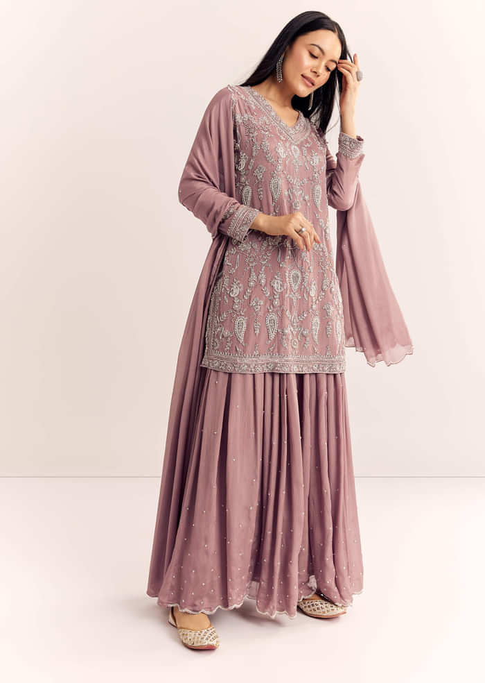 Mauve Pink Chinon Kurta Palazzo Set With Moti Work