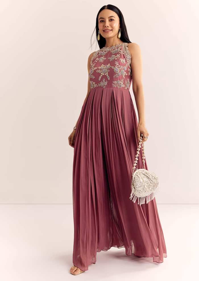 Mauve Pink Georgette Jumpsuit With Cutdana Beads And Threadwork