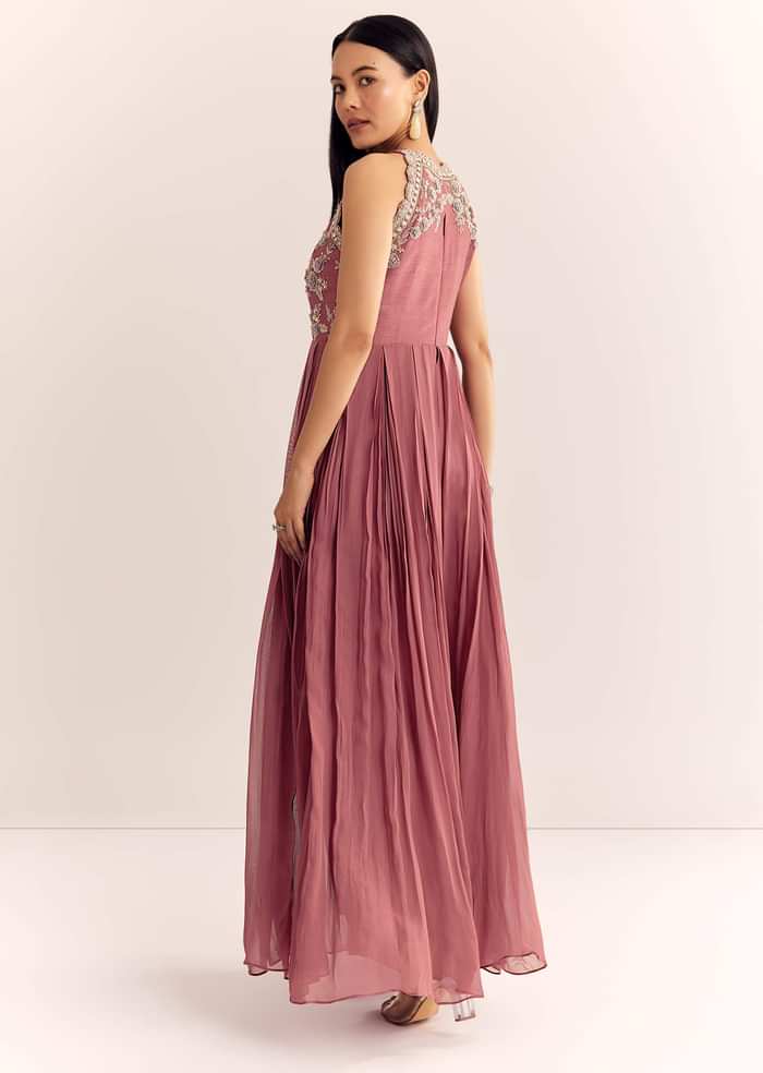 Mauve Pink Georgette Jumpsuit With Cutdana Beads And Threadwork