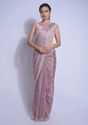 Mauve Pink Saree In Chiffon Satin With Cut Dana And Stones In Checks Pattern Online - Kalki Fashion