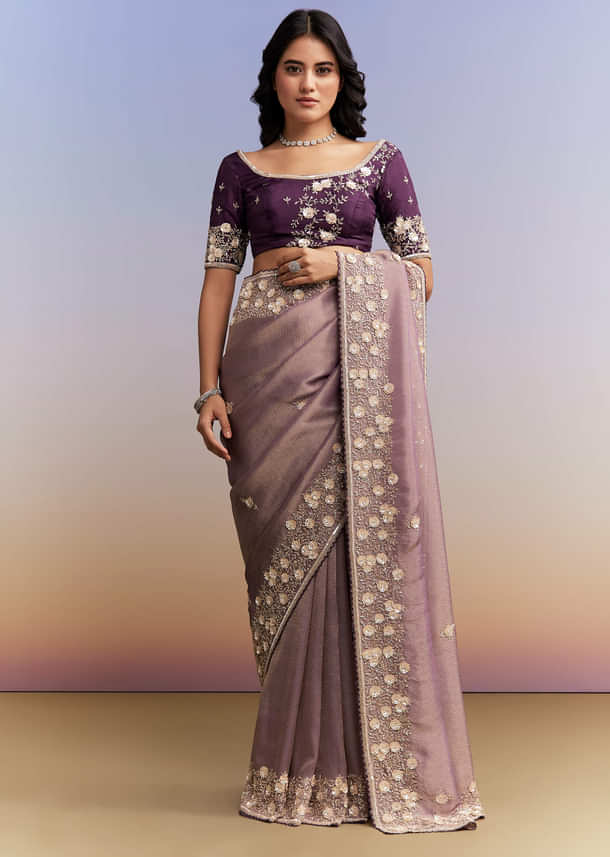 Mauve Purple Jacquard Tissue Saree With Heavy Hand Embroidery Mauve Purple Jacquard Tissue Saree With Heavy Hand Embroidery