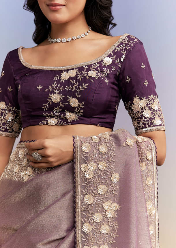 Mauve Purple Jacquard Tissue Saree With Heavy Hand Embroidery Mauve Purple Jacquard Tissue Saree With Heavy Hand Embroidery