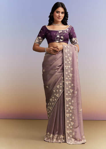 Mauve Purple Jacquard Tissue Saree With Heavy Hand Embroidery