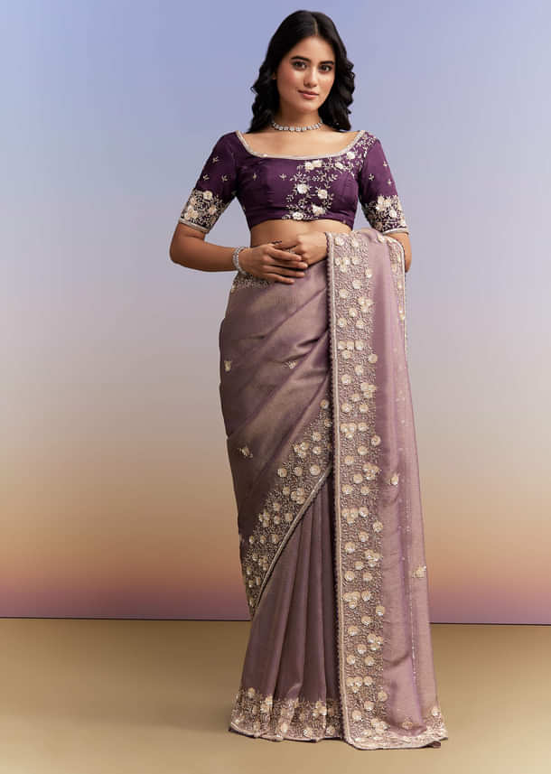 Mauve Purple Jacquard Tissue Saree With Heavy Hand Embroidery Mauve Purple Jacquard Tissue Saree With Heavy Hand Embroidery