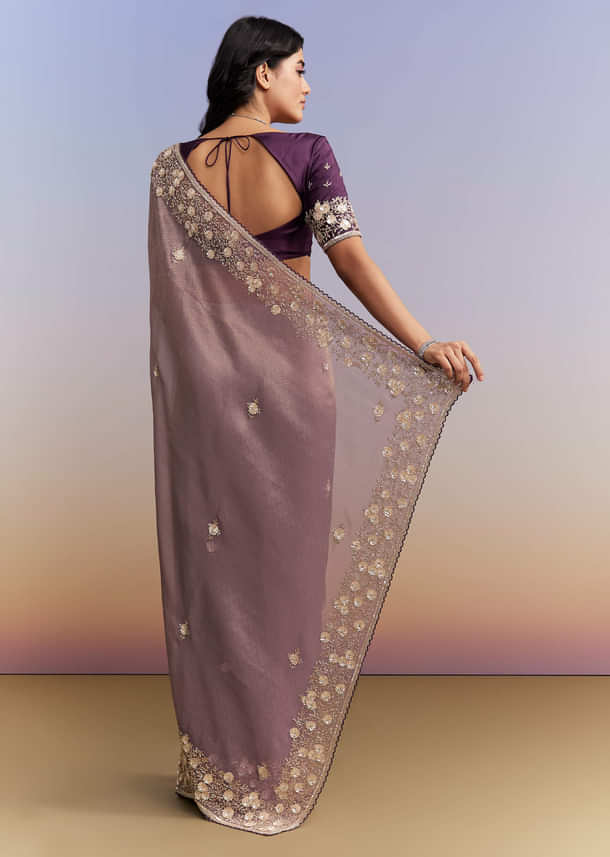 Mauve Purple Jacquard Tissue Saree With Heavy Hand Embroidery Mauve Purple Jacquard Tissue Saree With Heavy Hand Embroidery