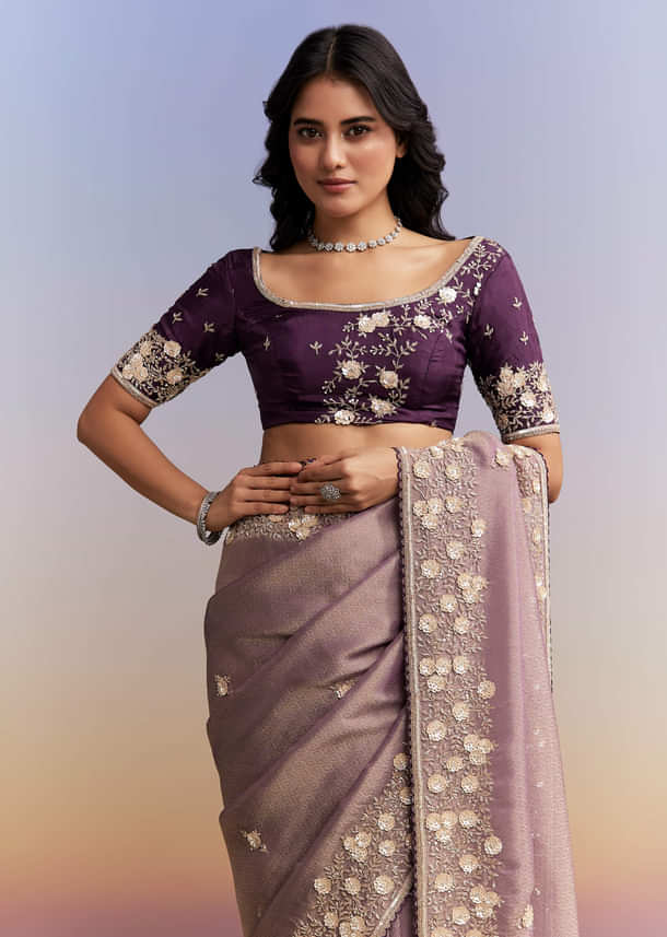 Mauve Purple Jacquard Tissue Saree With Heavy Hand Embroidery Mauve Purple Jacquard Tissue Saree With Heavy Hand Embroidery