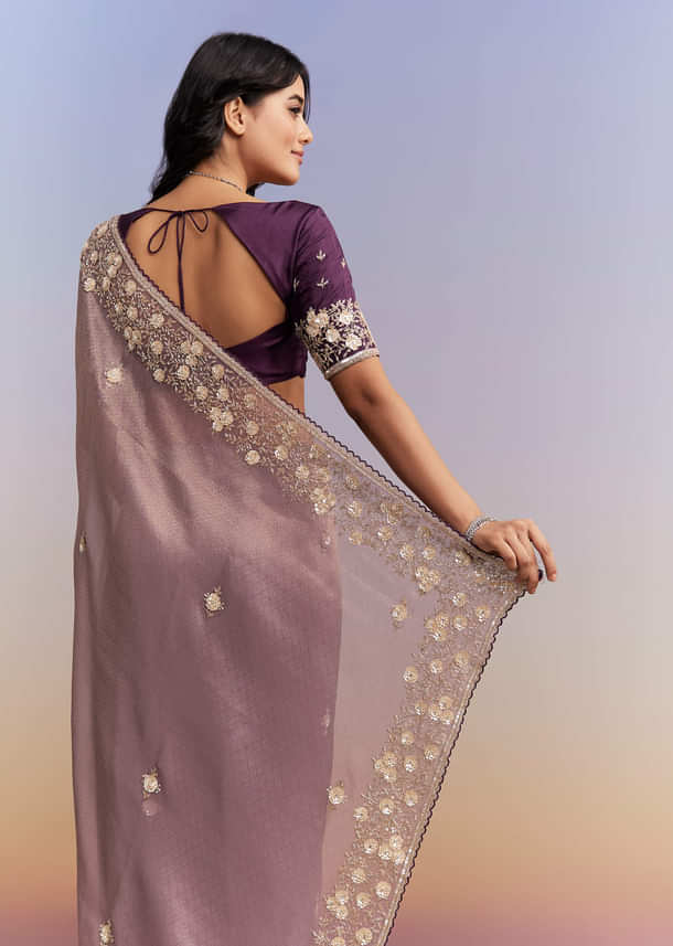 Mauve Purple Jacquard Tissue Saree With Heavy Hand Embroidery Mauve Purple Jacquard Tissue Saree With Heavy Hand Embroidery