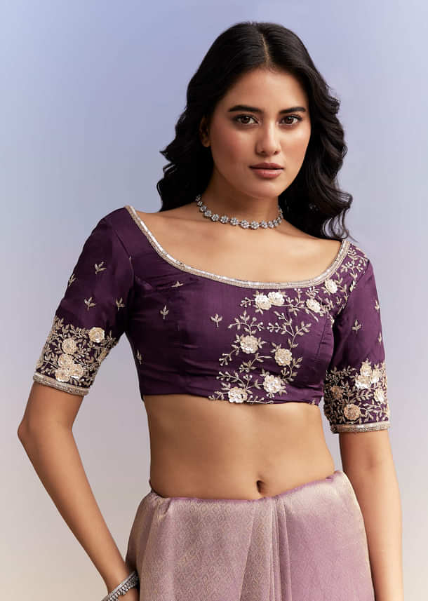 Mauve Purple Jacquard Tissue Saree With Heavy Hand Embroidery Mauve Purple Jacquard Tissue Saree With Heavy Hand Embroidery