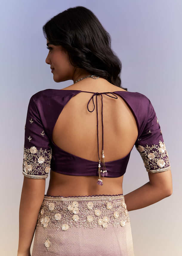 Mauve Purple Jacquard Tissue Saree With Heavy Hand Embroidery Mauve Purple Jacquard Tissue Saree With Heavy Hand Embroidery