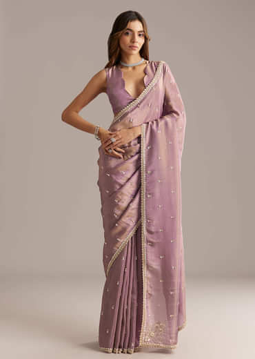 Mauve Tissue Saree With Cutdana And Bead Embroidery