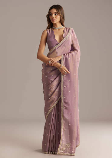 Mauve Tissue Saree With Cutdana And Bead Embroidery