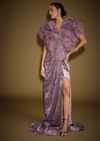 Mauve Velvet Embroidered Corset Set With Drape Skirt And Ruffled Jacket