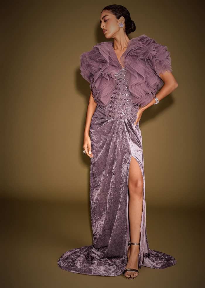 Mauve Velvet Embroidered Corset Set With Drape Skirt And Ruffled Jacket