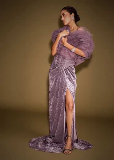 Mauve Velvet Embroidered Corset Set With Drape Skirt And Ruffled Jacket