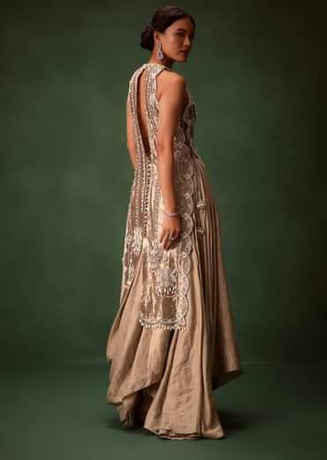 Mauve Dhoti Drape Skirt Brocade Embroidered Kurta With Side Tie Ups