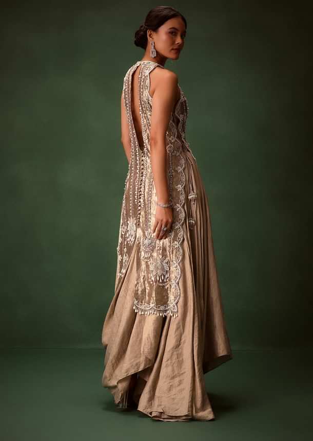 Mauve Dhoti Drape Skirt Brocade Embroidered Kurta With Side Tie Ups