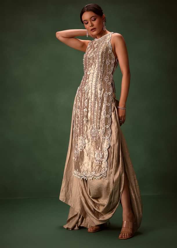 Mauve Dhoti Drape Skirt Brocade Embroidered Kurta With Side Tie Ups