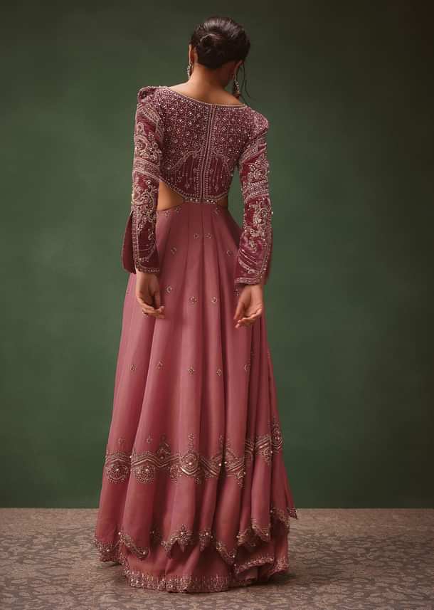 Mauve Embroidered Anarkali Suit With Flared Palazzo Pant