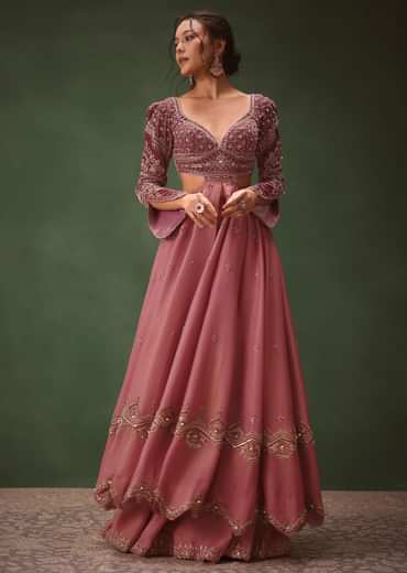 Mauve Embroidered Anarkali Suit With Flared Palazzo Pant