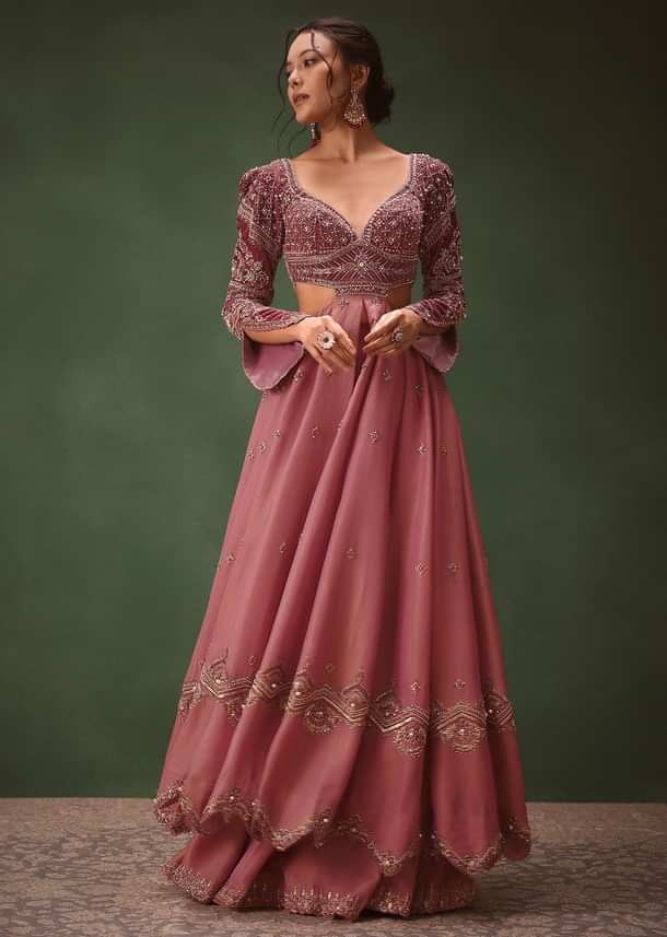 Mauve Embroidered Anarkali Suit With Flared Palazzo Pant