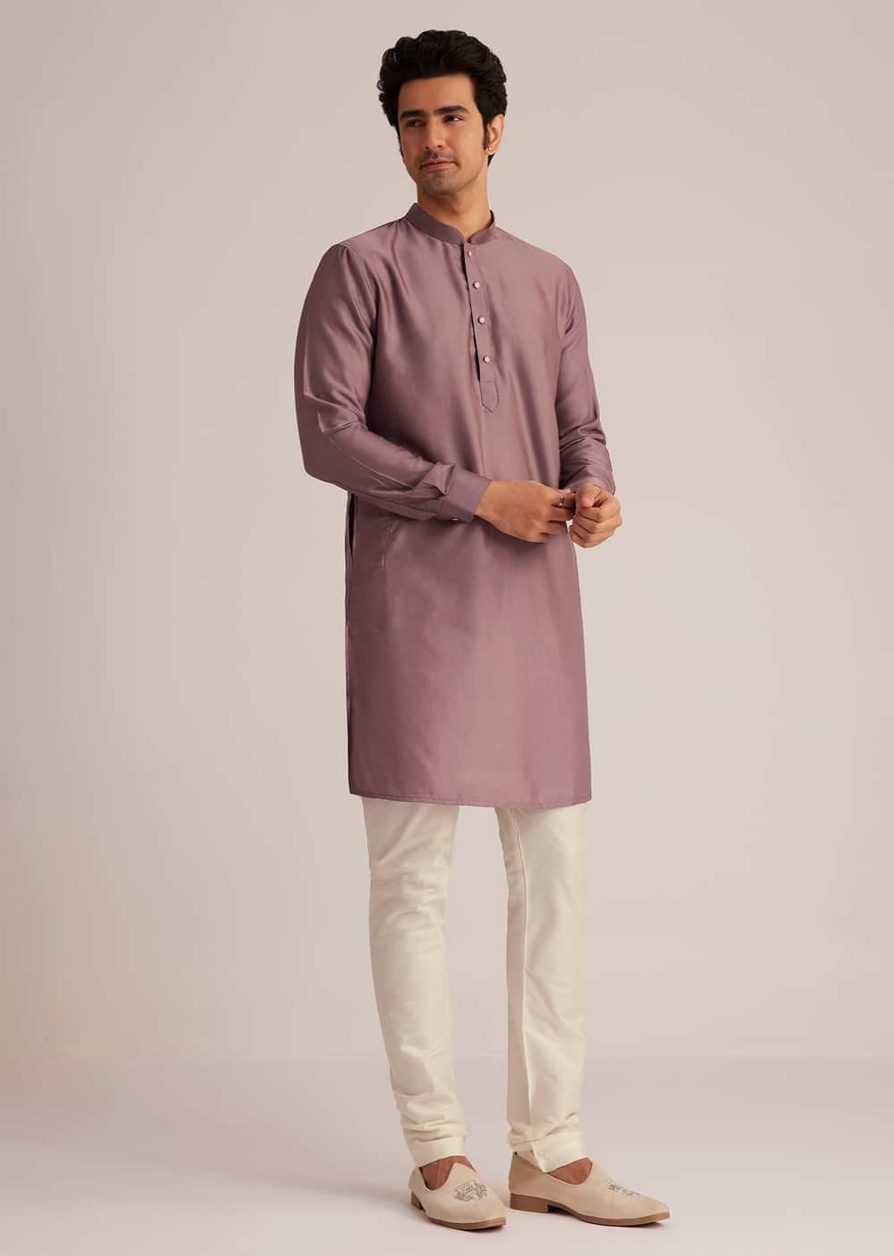 Mauve Kurta Pant Set With Embroidered Nehru Jacket