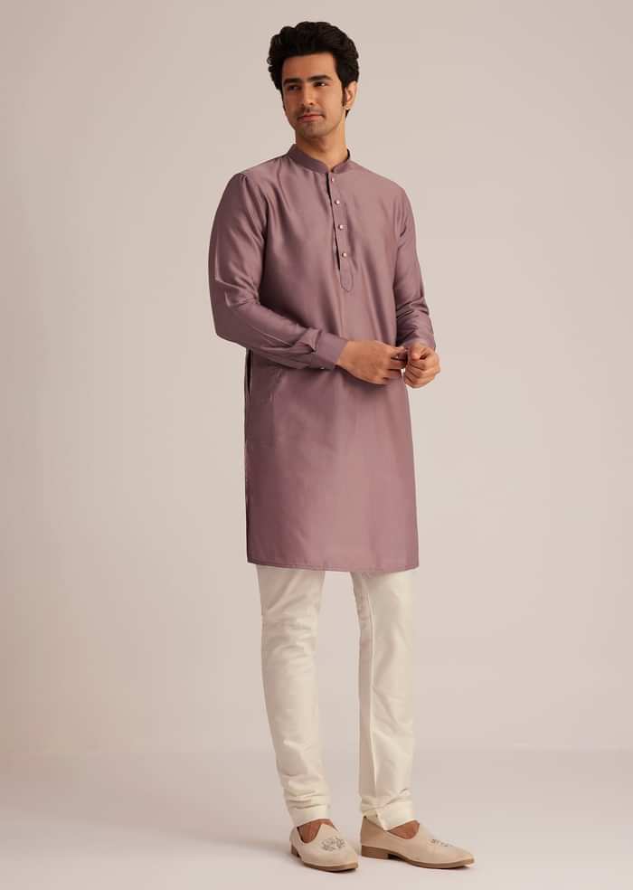 Mauve Kurta Pant Set With Embroidered Nehru Jacket