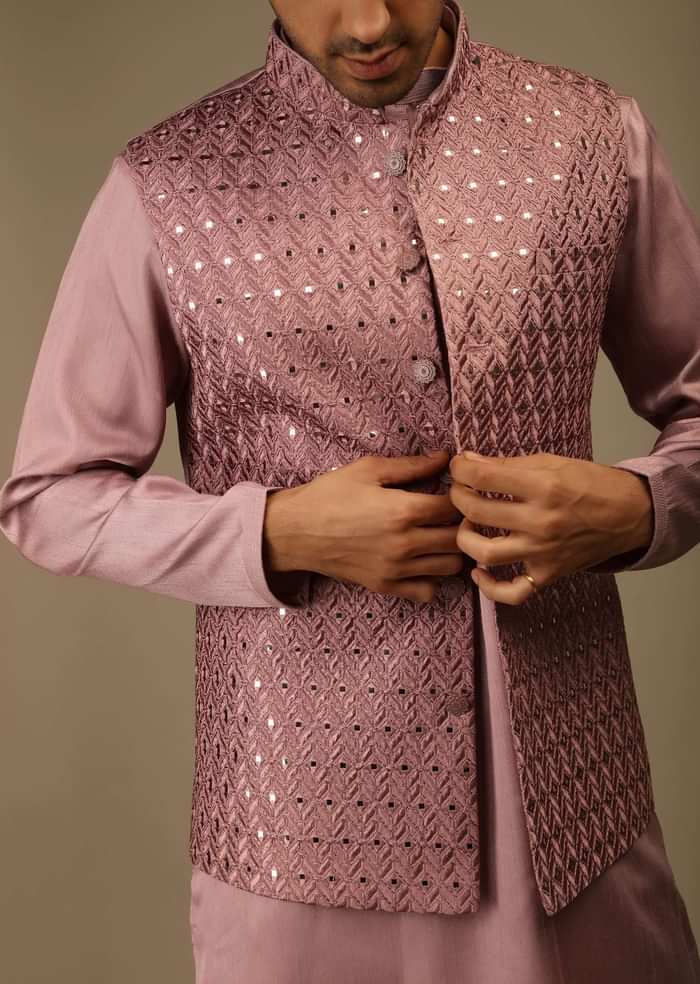 Mauve Nehru Jacket And Kurta Set In Raw Silk With Resham And Mirror Abla Embroidered Geometric Jaal