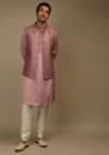 Mauve Nehru Jacket And Kurta Set In Raw Silk With Resham And Mirror Abla Embroidered Geometric Jaal
