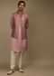 Mauve Nehru Jacket And Kurta Set In Raw Silk With Resham And Mirror Abla Embroidered Geometric Jaal