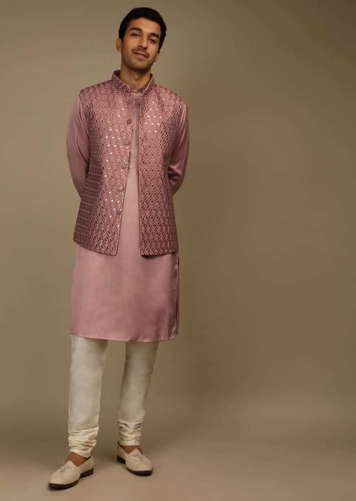 Mauve Nehru Jacket And Kurta Set In Raw Silk With Resham And Mirror Abla Embroidered Geometric Jaal