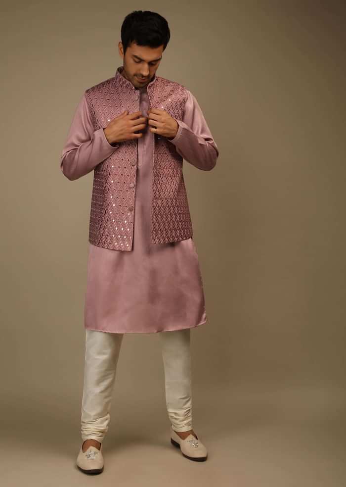 Mauve Nehru Jacket And Kurta Set In Raw Silk With Resham And Mirror Abla Embroidered Geometric Jaal