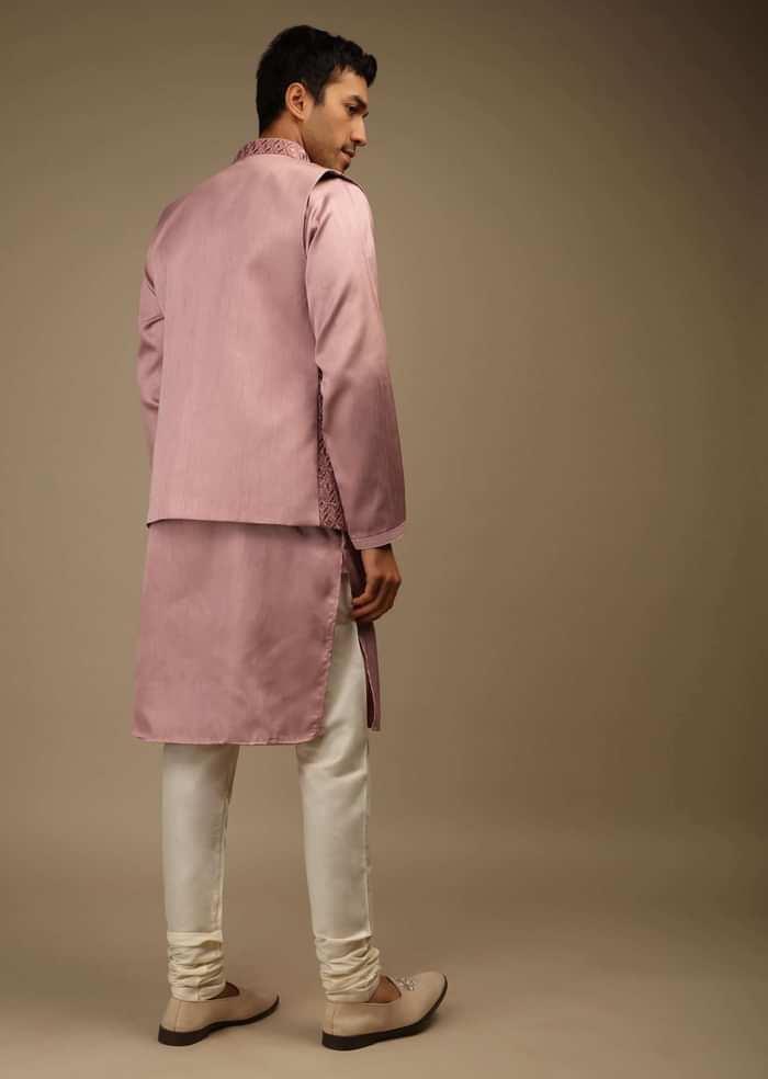 Mauve Nehru Jacket And Kurta Set In Raw Silk With Resham And Mirror Abla Embroidered Geometric Jaal