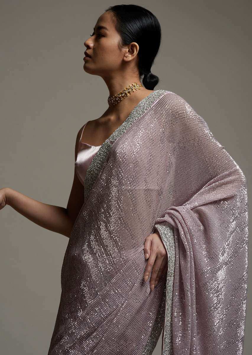 Mauve Pink Half And Half Saree In Crepe With Crushed Sequins Pallu And Unstitched Blouse