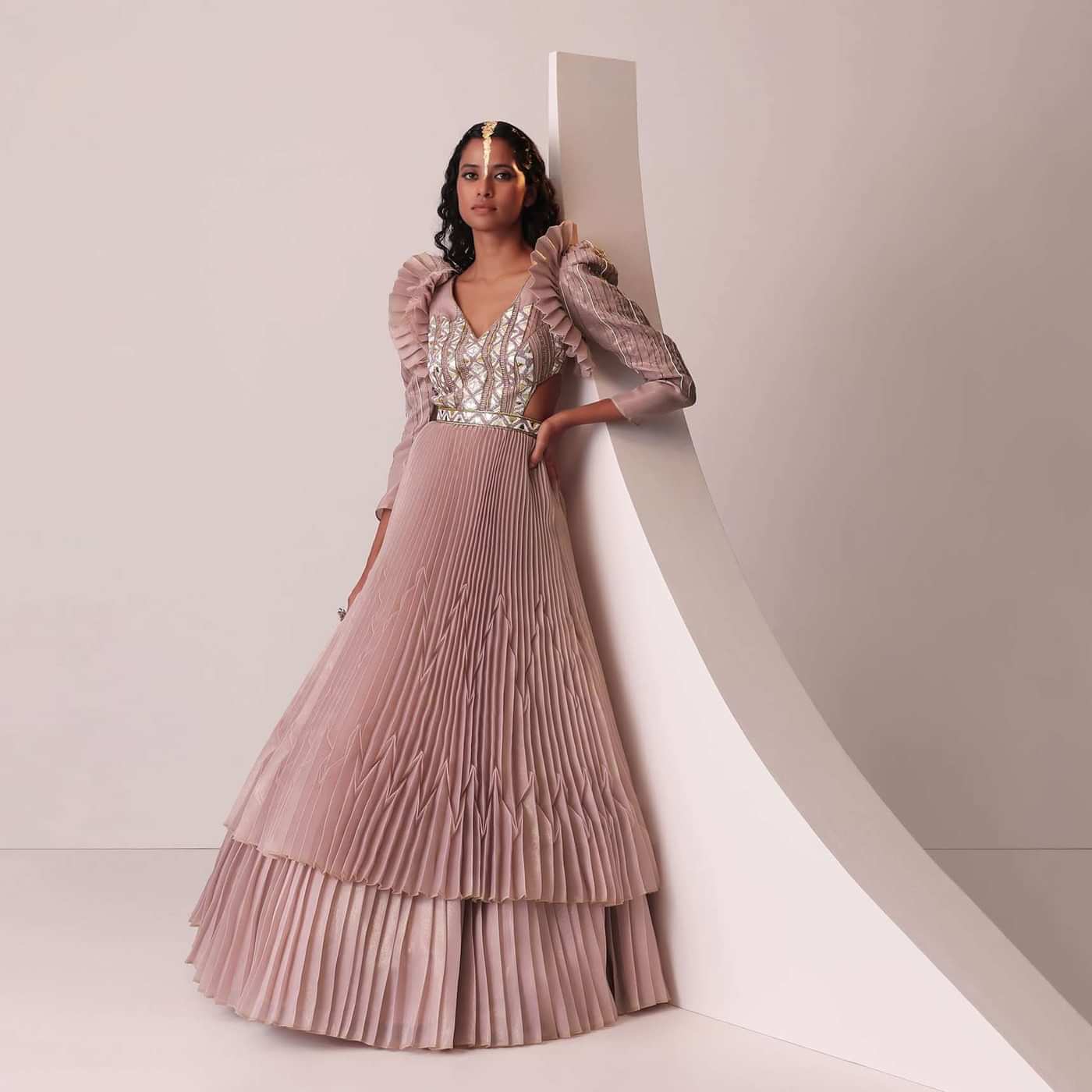 Mauve Pink Tiered Embroidered Gown In Organza With Frill Shoulder-Tops