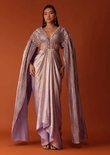 Mauve Purple Embroidered Shimmer Bridesmaid Gown With Fitted Drape