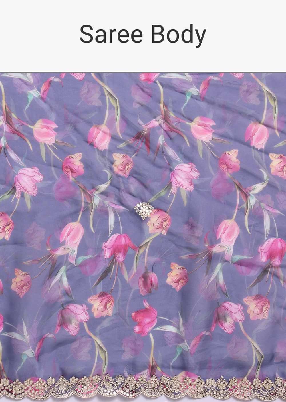Mauve Purple Muslin Saree With Floral Print And Gota Patti Work