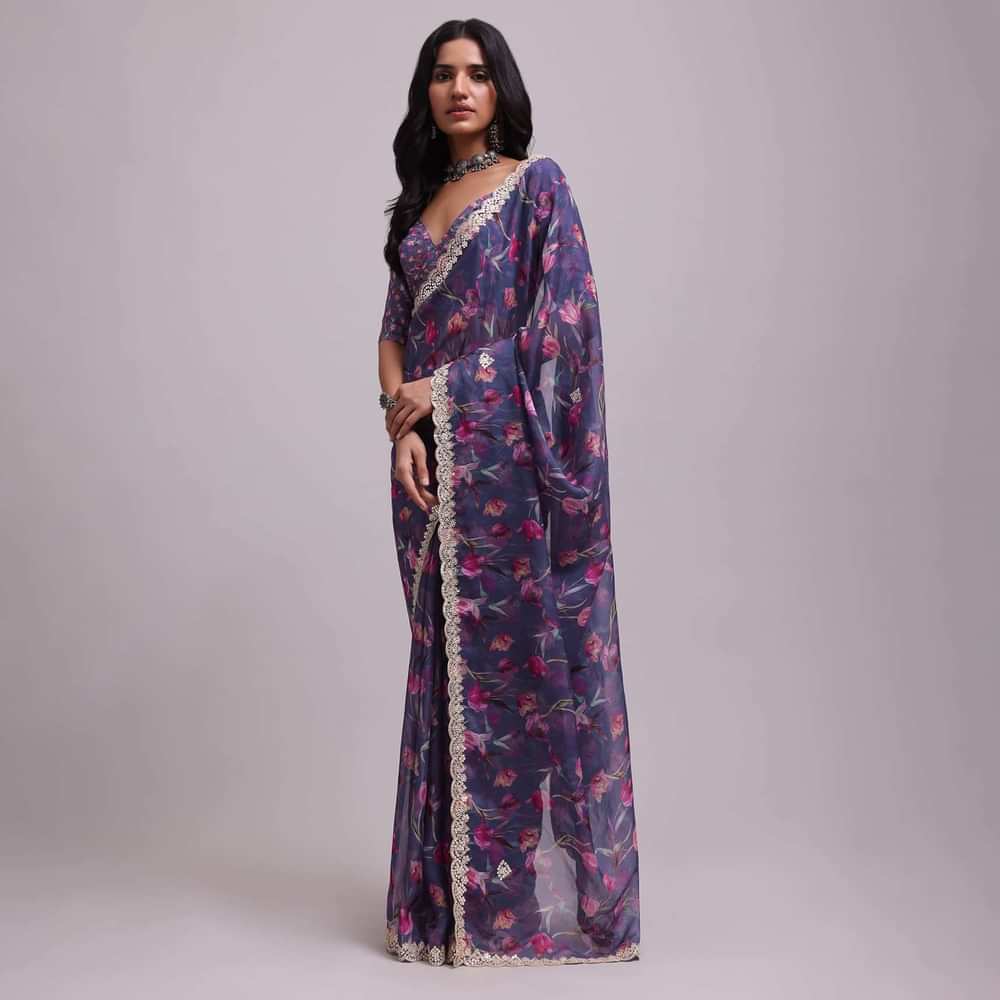 Mauve Purple Muslin Saree With Floral Print And Gota Patti Work