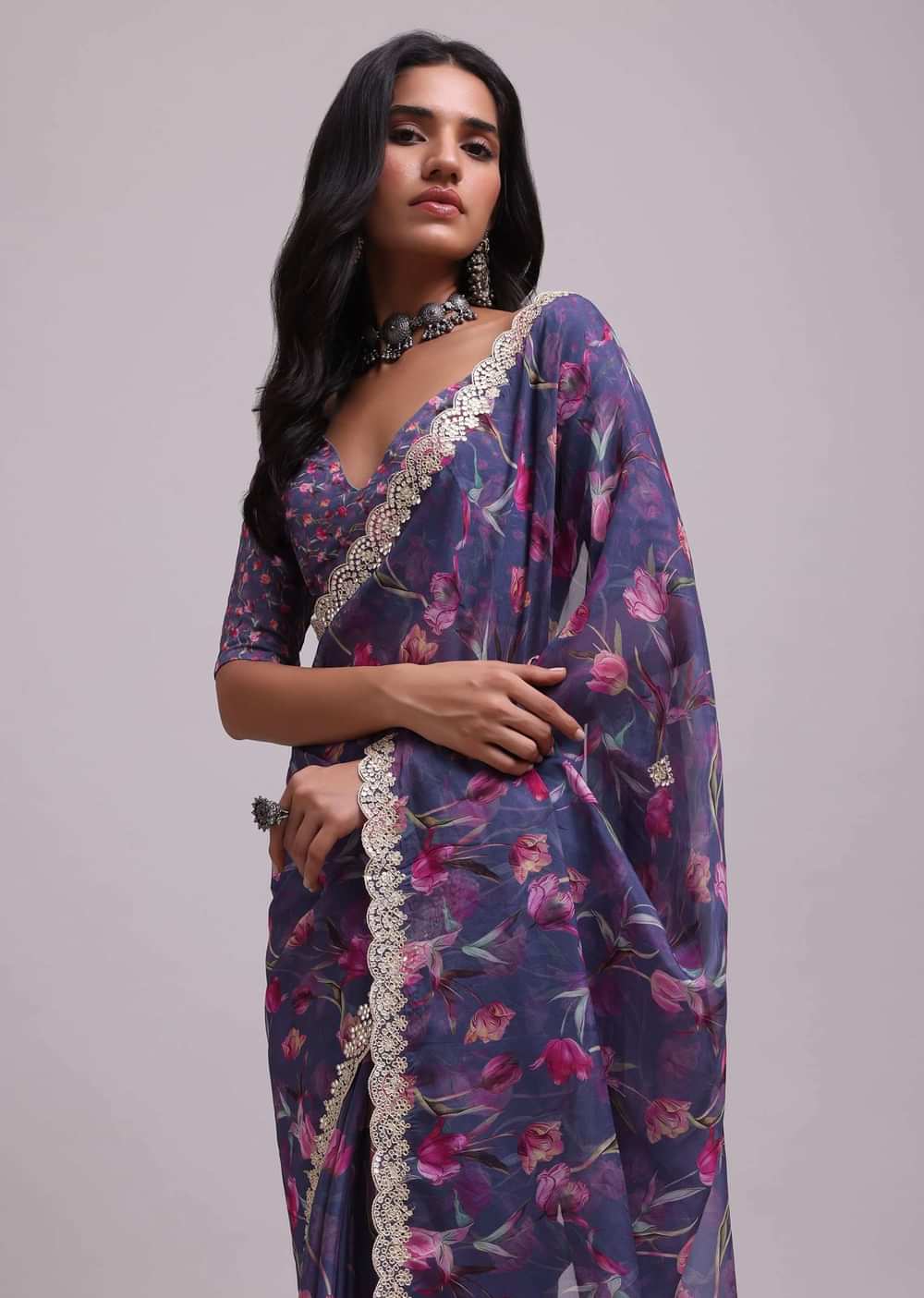 Mauve Purple Muslin Saree With Floral Print And Gota Patti Work