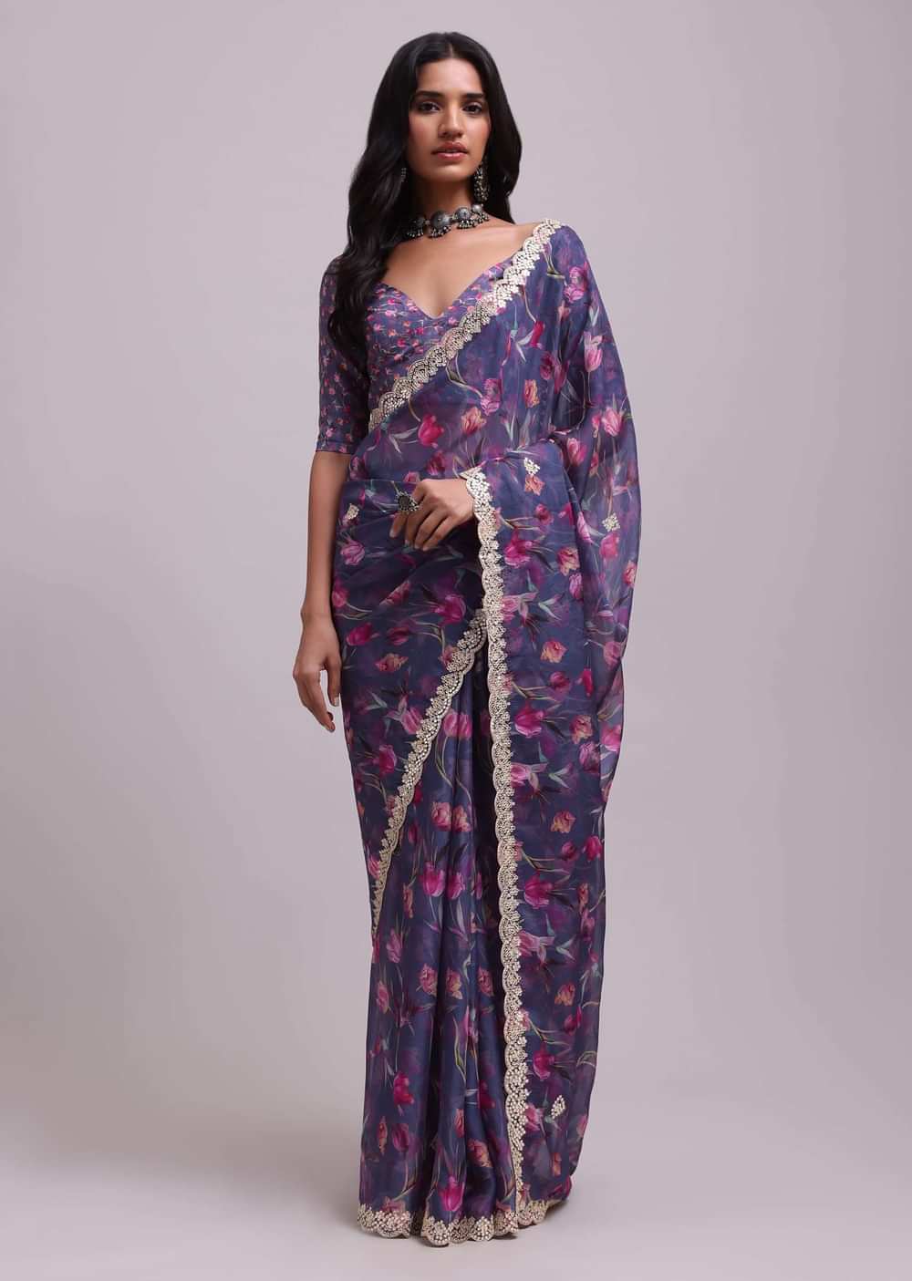 Mauve Purple Muslin Saree With Floral Print And Gota Patti Work