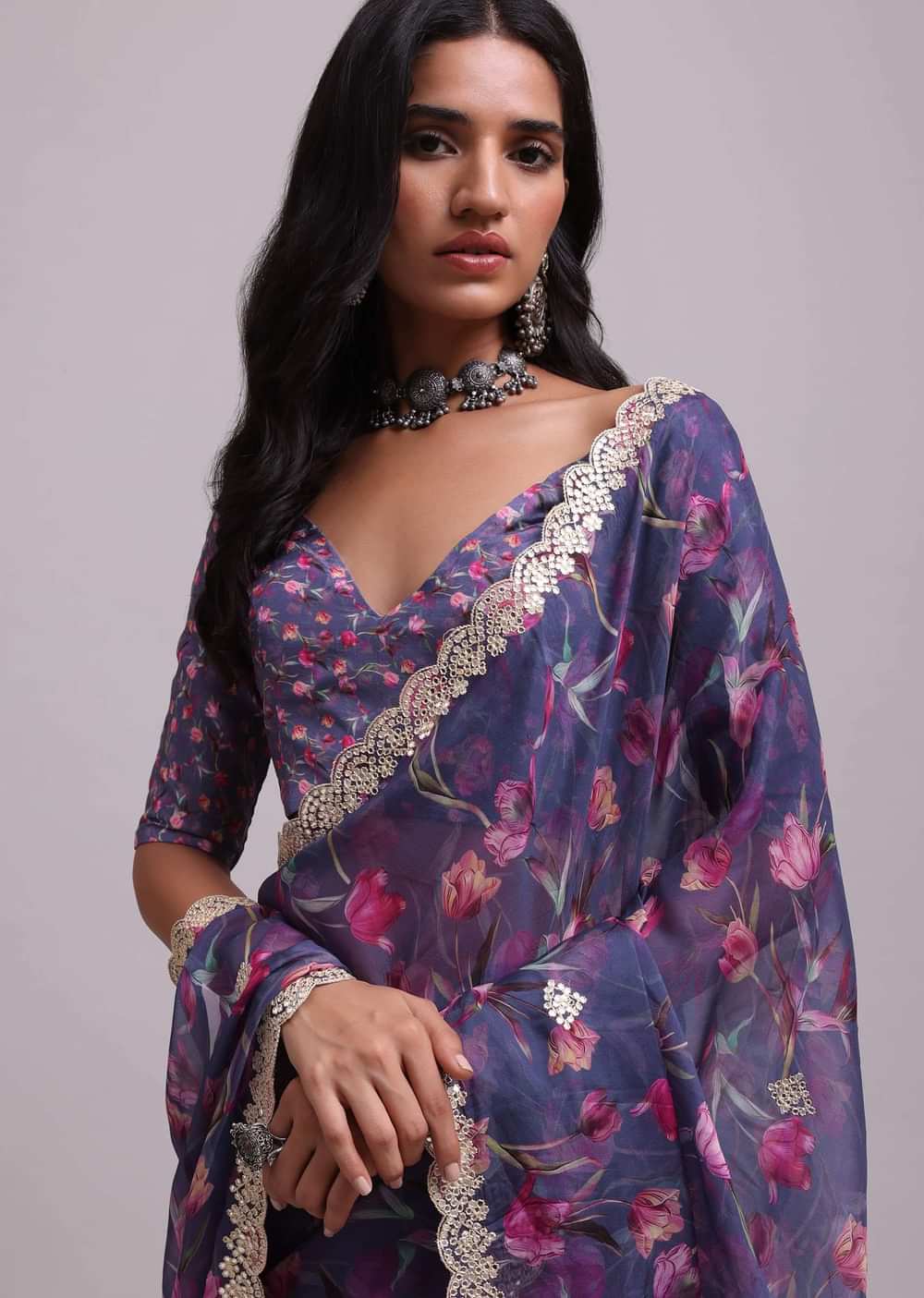Mauve Purple Muslin Saree With Floral Print And Gota Patti Work