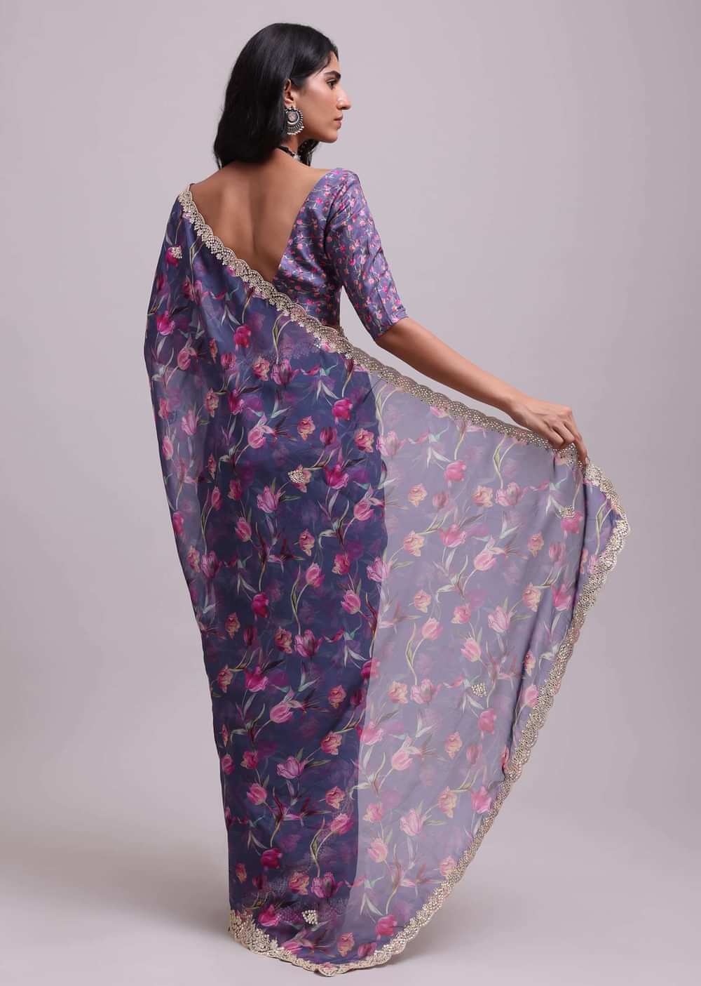 Mauve Purple Muslin Saree With Floral Print And Gota Patti Work