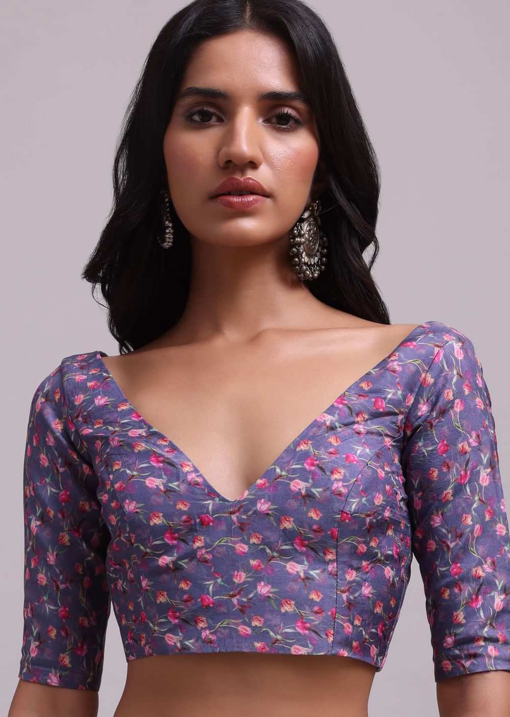 Mauve Purple Muslin Saree With Floral Print And Gota Patti Work