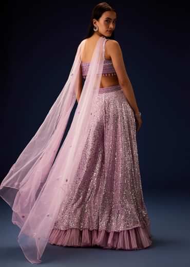 Mauve Sequence Double Layer Skirt Dupatta Set With Hand Embroidered Blouse