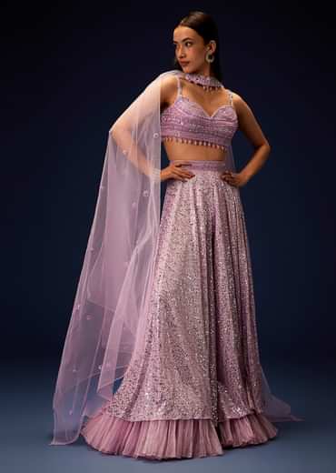 Mauve Sequence Double Layer Skirt Dupatta Set With Hand Embroidered Blouse