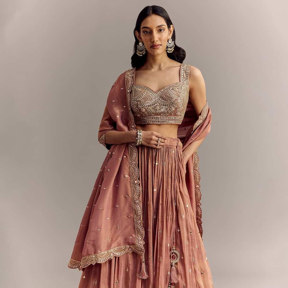Mauve Tissue Lehenga Set With Embroidered Choli And Dupatta