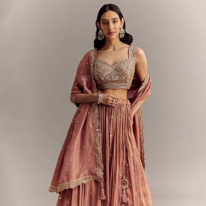 Mauve Tissue Lehenga Set With Embroidered Choli And Dupatta