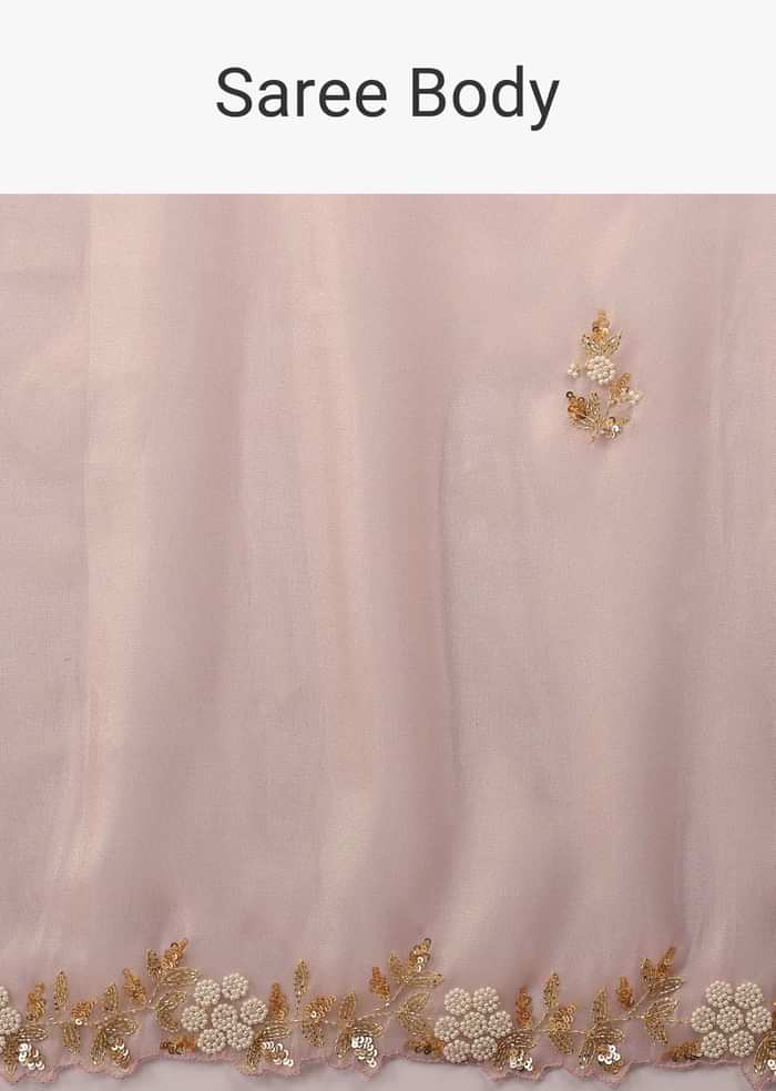 Mauve Tissue Saree In White Moti And Cut Dana Embroidery Buttis, Border Has Cutwork Embroidery Detailing