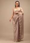 Mauve Tissue Saree In White Moti And Cut Dana Embroidery Buttis, Border Has Cutwork Embroidery Detailing